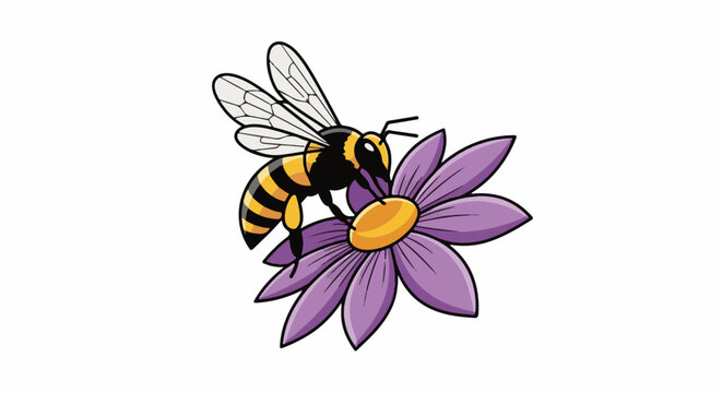 A cartoon bee pollinates a purple flower