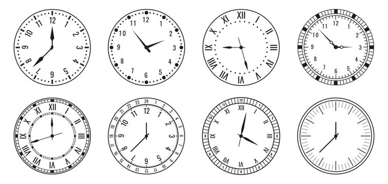 Analog clock face collection in black outline style. Set of round watch dials with different numbers, marks and classic time indicators
