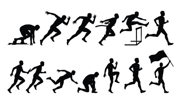 Athletic running and track sports silhouette set for competition, sprint training, hurdles, and sports event graphic design