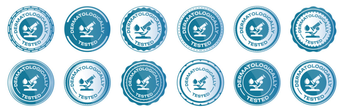 Dermatologically tested badge collection in blue style. Set of medical labels with microscope icon, round shapes and certification stamp elements for skincare products