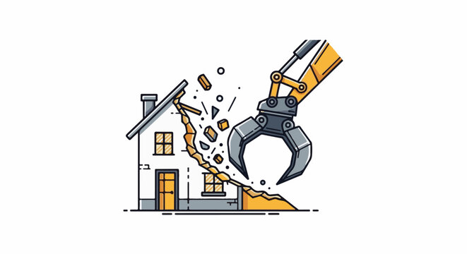 Yellow excavator arm with a claw crushes a house, breaking wall