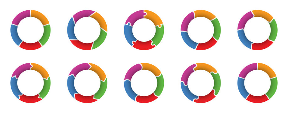 Circular infographic chart collection in colorful style. Set of pie diagram elements with segments, arrows and process visualization forms