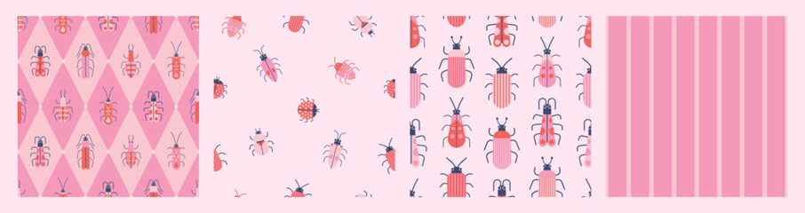 Cute insect bug seamless pattern collection. Pink butterflies, beetles, ants on light pastel background. Minimal nursery kids doodle prints. Colorful forest creatures for funny summer design. © Veronica