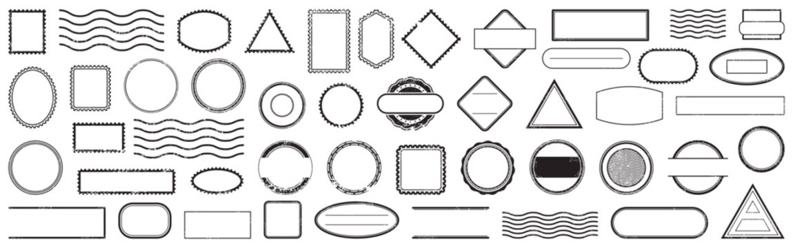 Vintage stamp and label frame collection in black style. Set of decorative shapes including circles, rectangles, badges and textured borders