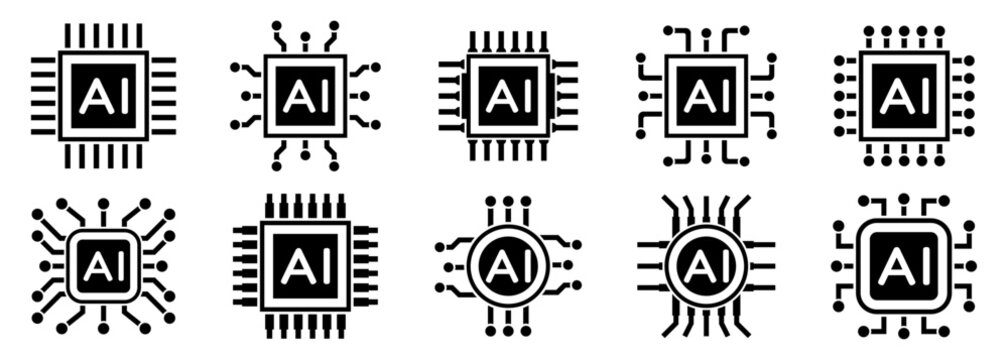 Artificial intelligence chip icon collection in black. Set of processor symbols with ai text, circuit lines and technology elements in clean solid style