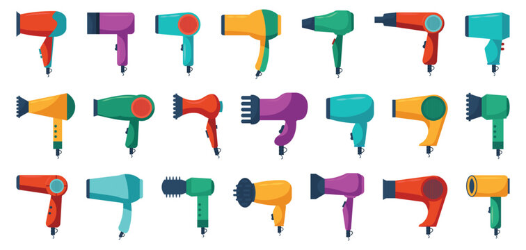 Hair dryer collection in flat style. Set of beauty styling devices with different shapes and nozzle variations
