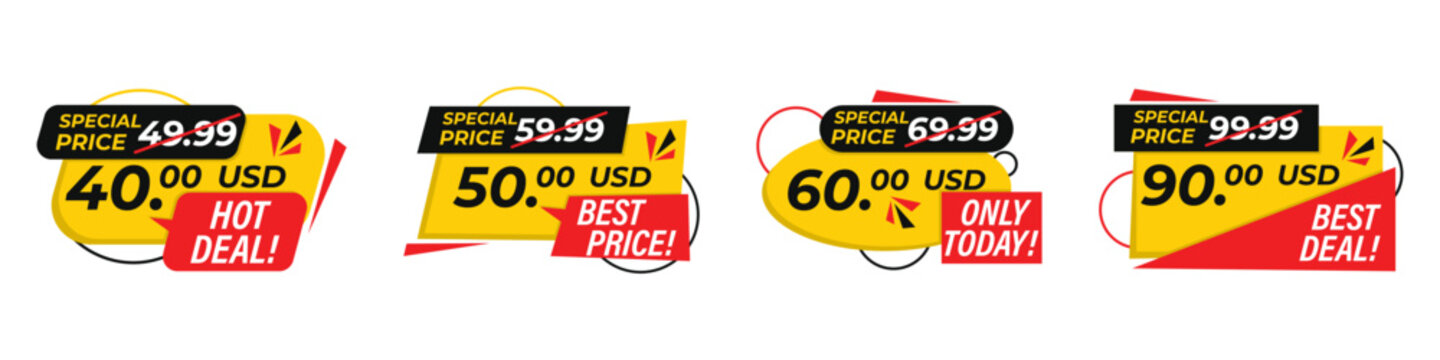 Price tag promotion banner collection in flat style. Set of special offer labels with discount prices, sale elements and marketing shapes