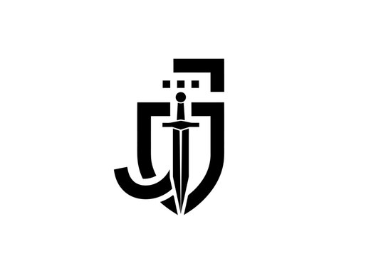 Minimalist sword and shield logo on white background
