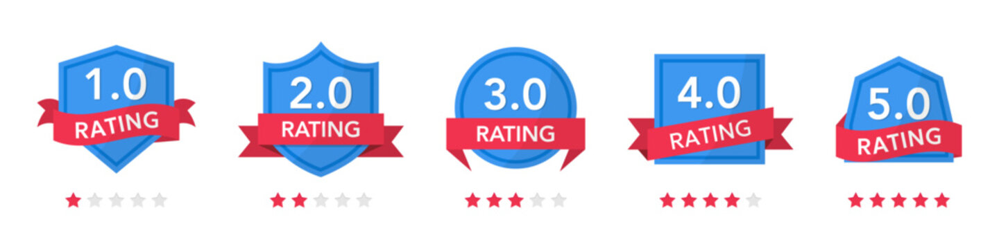 Rating badge collection in blue style. Set of score labels from one to five with stars, ribbons and shield shapes for feedback and review systems