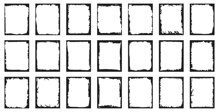 Grunge square frame collection in black style. Set of rough textured borders with paint brush edges for background, overlay and artistic