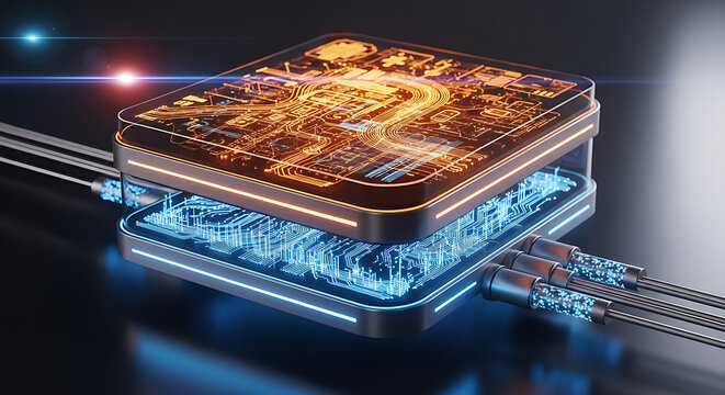 Dual-Layered High Performance Processor Chip with Data Cables. Conceptual 3D render of two stacked semiconductor boards connected by fiber optic cables, emitting orange & blue light for data transfer