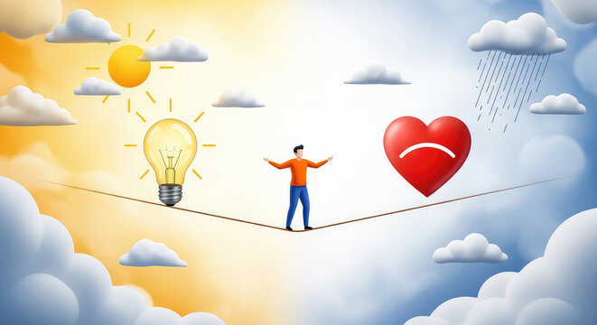 a man on a tightrope between a lightbulb and a sad heart