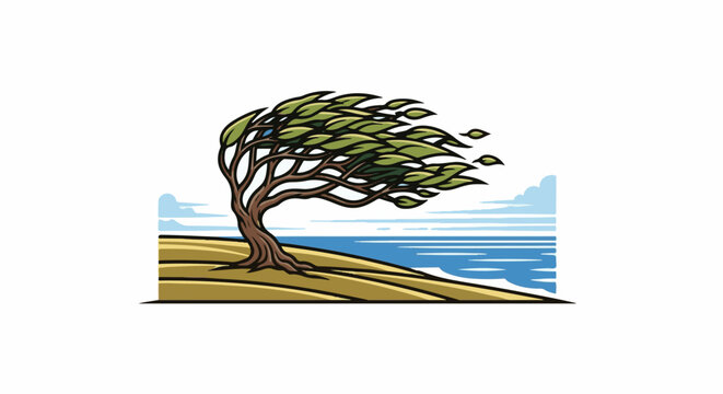 Windswept tree on a grassy shore against blue sky and ocean