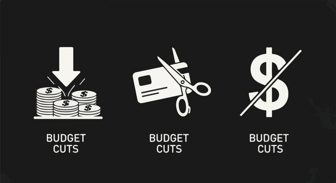 Three graphic icons represent financial cutbacks and reductions with accompanying text