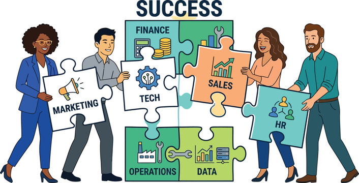Business success teamwork concept, diverse professional team assembling puzzle pieces, corporate collaboration for marketing finance tech sales and hr