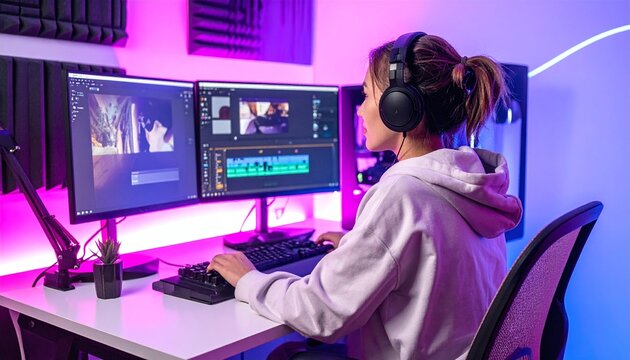 Skilled female editor working on a dualmonitor setup in a modern, neonlit studio. Illustrates hightech video production, remote creative work, and the digital creator lifestyle.