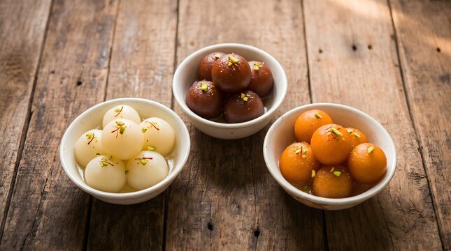 Three bowls of traditional Indian sweets gulab jamun and chamcham are arranged on a rustic wooden surface. They contain white, orange, and brown spherical desserts, garnished with silver leaf.

