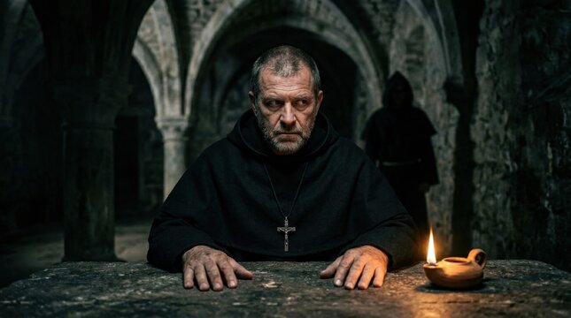Intense cinematic scene of a solemn medieval inquisitor in black robes with a silver cross sitting at a stone table with a flickering oil lamp inside a dark monastery