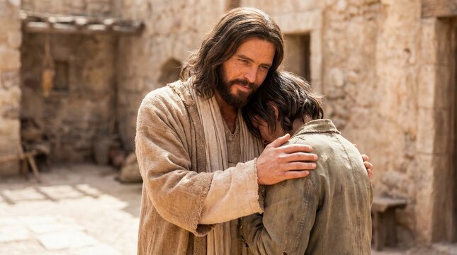 Compassionate and merciful Jesus Christ hugging a humble follower in a rustic ancient village courtyard reflecting themes of love forgiveness grace and religious devotion in a warm sunny setting