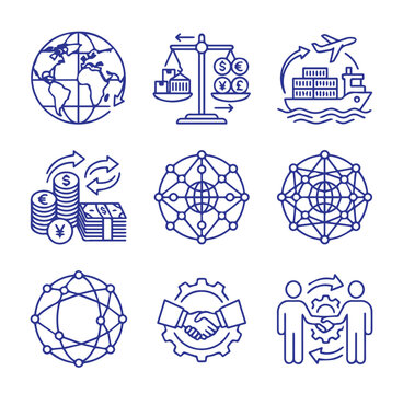 Global business and finance icons with world map scales shipping