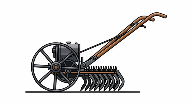 Stylized illustration of a vintage rotary tiller with a large wheel and tines