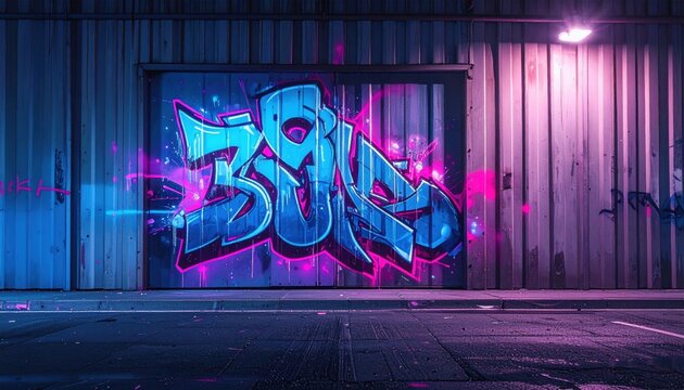 Bold electric blue graffiti tag illuminated with vibrant pink light on a corrugated metal urban wall at night