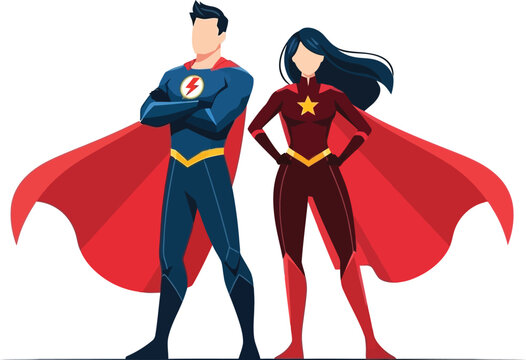 Superhero man and woman illustration, powerful team in dynamic pose with capes, modern comic style vector design for strength and hero concept