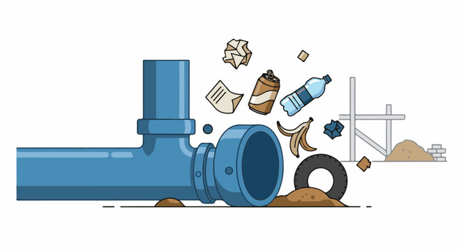 Blue pipe expels trash including a banana peel, can, bottle, and tire