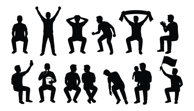 Sports spectator and fan reaction silhouette set for stadium crowd, supporter behavior, and audience engagement graphic design