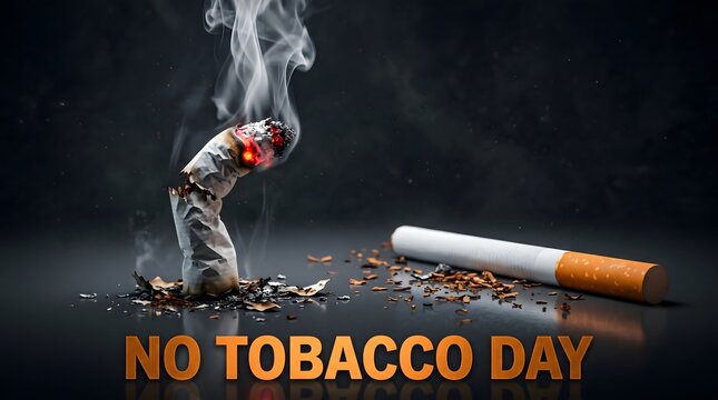 Burning cigarette and tobacco debris with no tobacco day text
