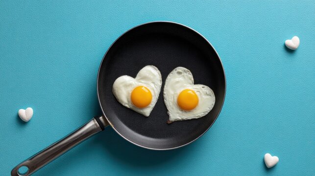 Overhead shot features two heart-shaped fried eggs in a skillet with a blue background and heart-shaped decorations nearby