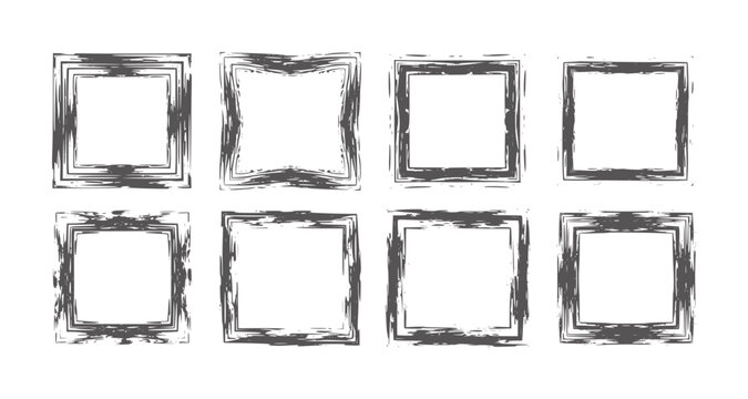 Collection of eight dark gray grunge square frames with rough edges