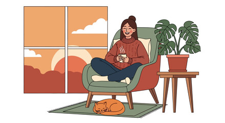 Fototapeta premium Young woman relaxing in armchair with coffee and cat.