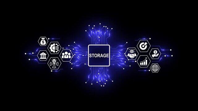 Futuristic Storage Technology Concept with Digital Network and Business Icons
