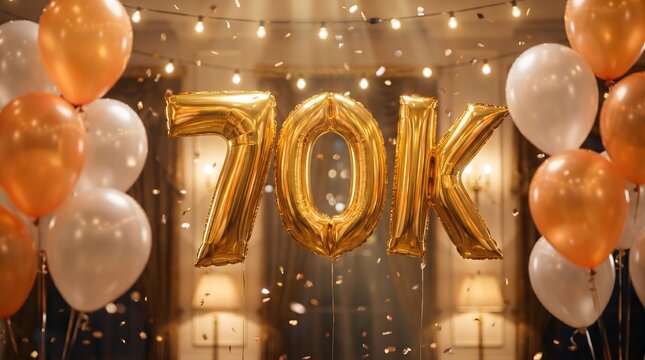 A celebratory image with large gold "70K" balloons, surrounded by white and orange balloons, fairy lights, and falling confetti.

