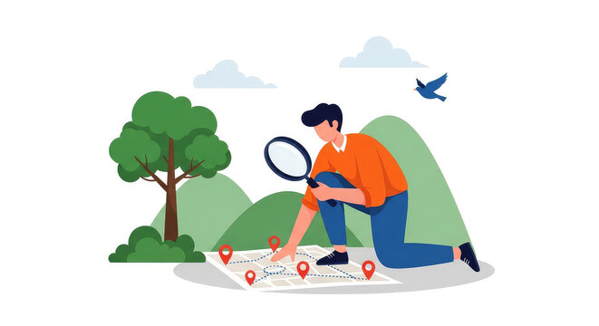 Person using a magnifying glass to explore map with location pins in nature