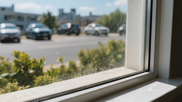 Close-up of a modern double-glazed window overlooking a sunny street with cars. Concept of energy efficiency, thermal insulation, smart home construction, and residential comfort