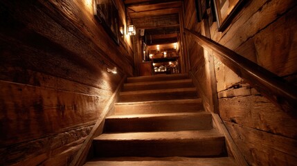 Obraz premium A narrow, wooden staircase ascends into dim lighting within a rustic interior. The walls are clad in textured wood, suggesting age and craftsmanship