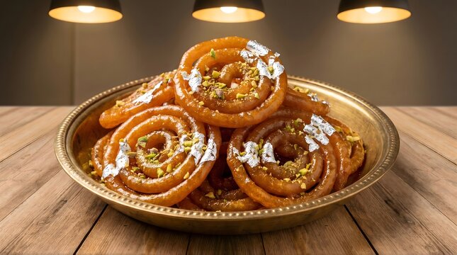 A brass plate filled with sweet, spiral-shaped jalebi, garnished with silver leaf and pistachios, sits on a wooden table under warm lighting.

