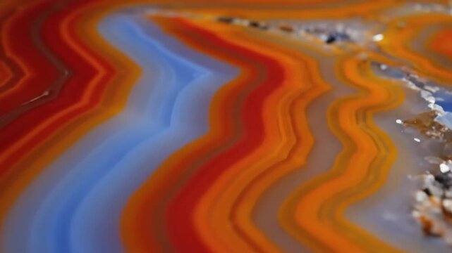 Close-up macro view of vibrant, banded chalcedony layers showcasing intricate geological patterns and a spectrum of earthy colors.