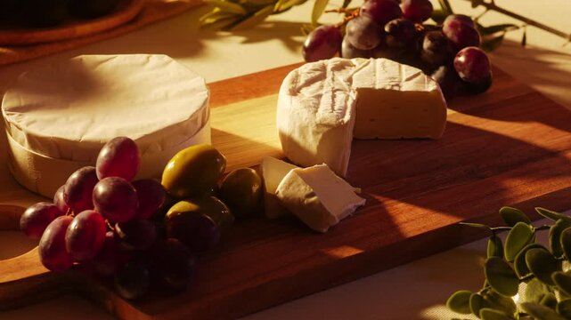 Hand picking up a slice of camembert cheese from a rustic wooden board with whole camembert red grapes and green olives in warm golden light