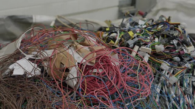 Large heap of colorful tangled car wiring harnesses and connectors for recycling