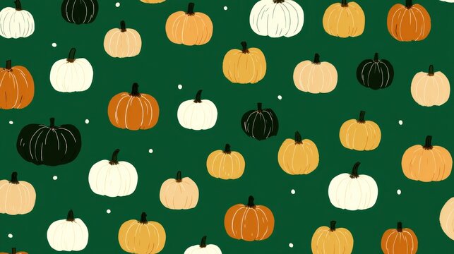 Pumpkins galore! A field of various pumpkins on dark green sprinkled with white dots