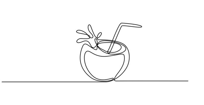 Animated self drawing of continuous line draw of whole and sliced healthy sweet organic coconut for orchard logo identity. Fresh fruitage concept for fruit garden icon. 4k one line animation