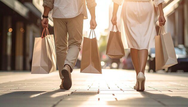 Elegant couple walking down a sundrenched city street with shopping bags. Perfect lifestyle visual for retail marketing, fashion sales, luxury consumerism, and seasonal promotions.