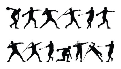 Track and field throwing athlete silhouette set for discus, javelin, shot put sports coaching and competition graphic design © N R B