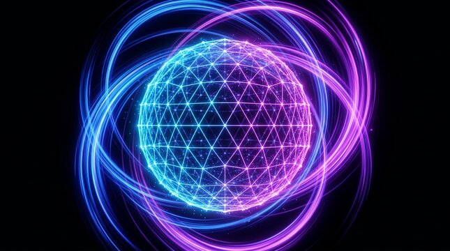a luminous plexus sphere Neon-blue and purple geometric energetic blue and magenta light streaks against a dark, cosmic background.