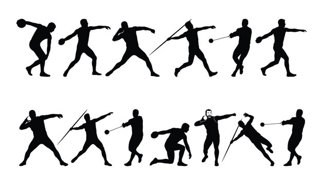Track and field throwing athlete silhouette set for discus, javelin, shot put sports coaching and competition graphic design