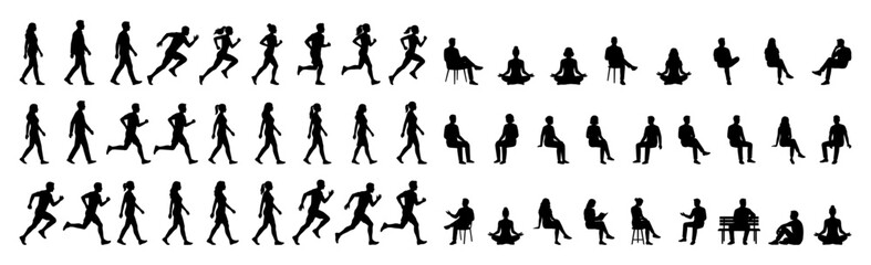 People silhouettes in various poses and movements   Architectural entourage for cad drawing and site plan visualization   Black vector icons set © Sandaruwan