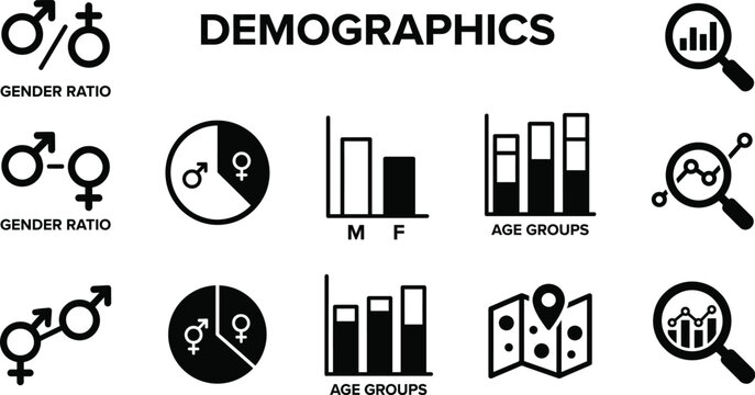 Set of black demographics and population statistics icons Vector World Population Day